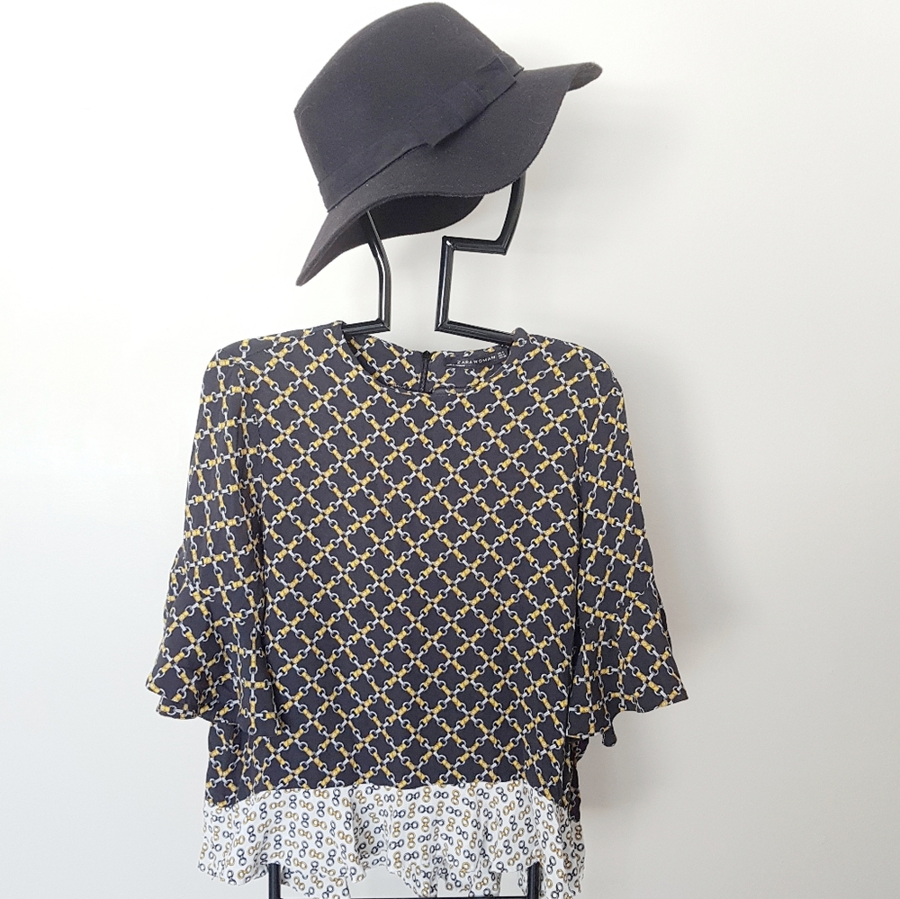 Zara Horsebit Equestrian Print Ruffle Blouse Med